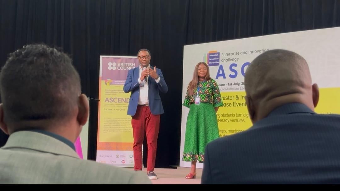 Pitching SOLTECH Hub on stage at the Lion's Den in Accra